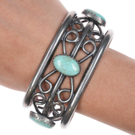 7" Vintage Native American silver twisted wire cuff bracelet with turquoise