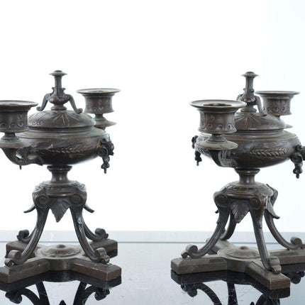 c1870 French Bronze Censer/Candlesticks pair