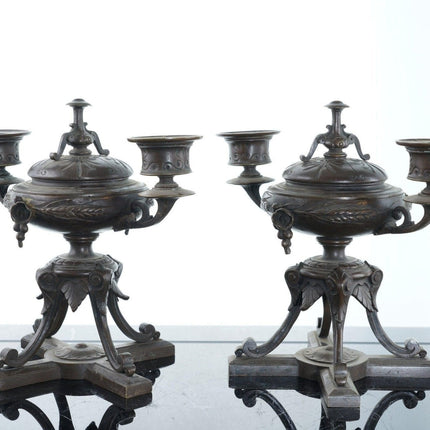 c1870 French Bronze Censer/Candlesticks pair