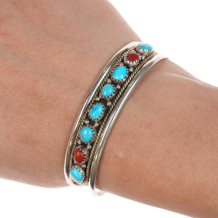 6" 1980's Native American sterling turquoise and coral row cuff bracelet