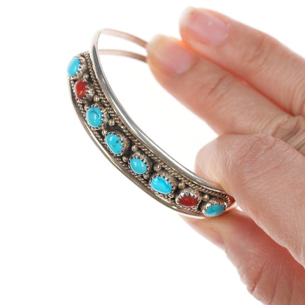 6" 1980's Native American sterling turquoise and coral row cuff bracelet