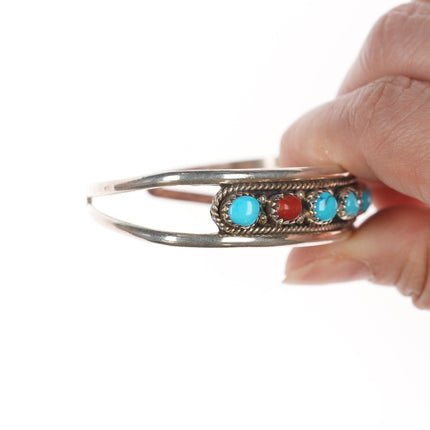 6" 1980's Native American sterling turquoise and coral row cuff bracelet