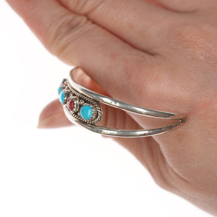 6" 1980's Native American sterling turquoise and coral row cuff bracelet