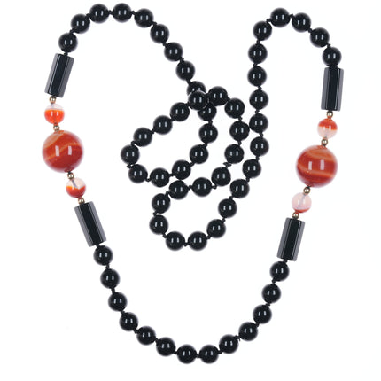 34" Estate Black Jade, 14k, Carnelian beaded necklace