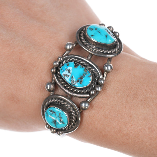 6" Vintage Navajo silver cuff bracelet with 3 turquoise stones