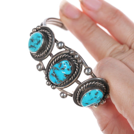 6" Vintage Navajo silver cuff bracelet with 3 turquoise stones