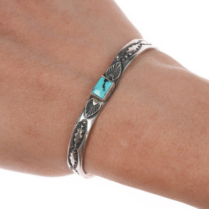 6" Albert Jake Navajo stamped silver with turquoise slim cuff bracelet