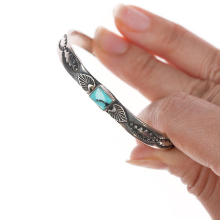 6" Albert Jake Navajo stamped silver with turquoise slim cuff bracelet