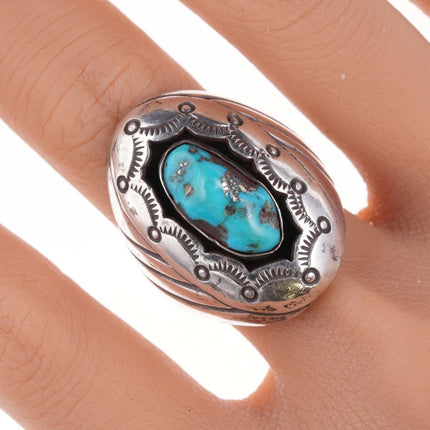 sz11 Vintage Navajo Sterling turquoise stamped shadowbox ring