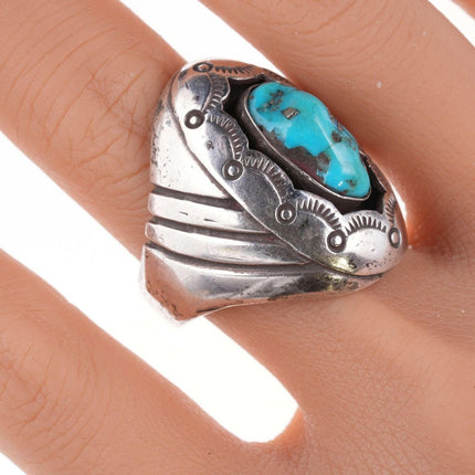 sz11 Vintage Navajo Sterling turquoise stamped shadowbox ring