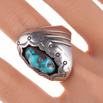 sz11 Vintage Navajo Sterling turquoise stamped shadowbox ring