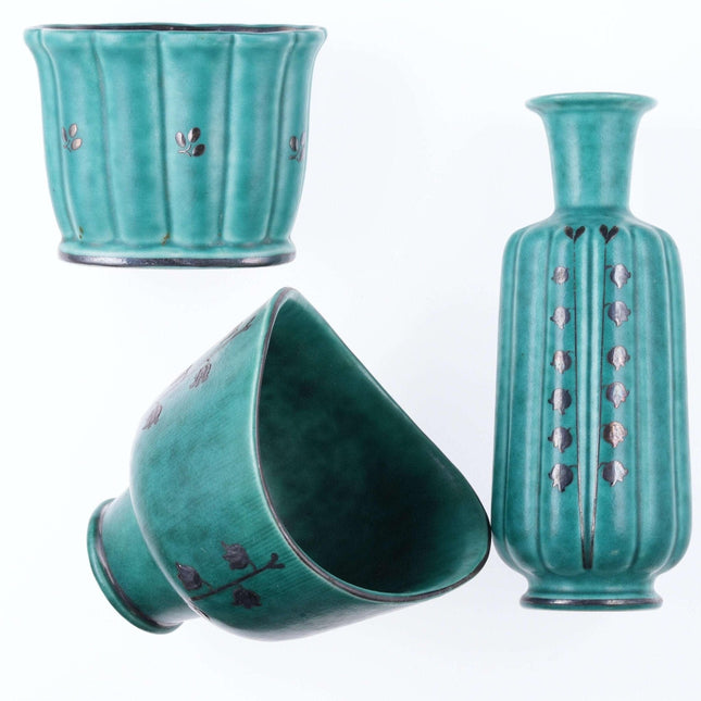 Swedish Gustavsberg Mid Century Sterling overlay green pottery vases