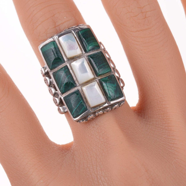 sz9.25 Vintage Zuni malachite and shell channel inlay sterling ring