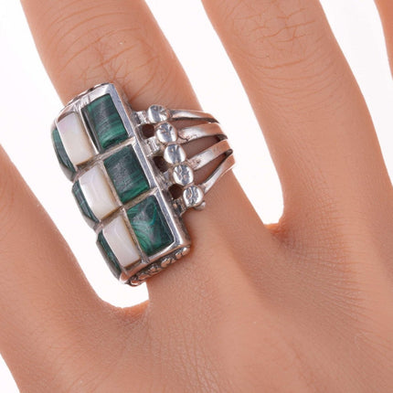 sz9.25 Vintage Zuni malachite and shell channel inlay sterling ring