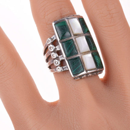 sz9.25 Vintage Zuni malachite and shell channel inlay sterling ring