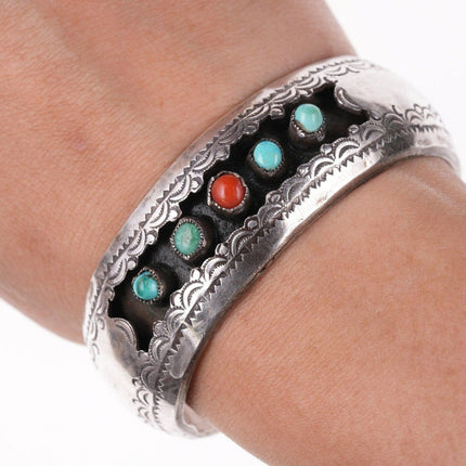 6 3/8" Navajo Silver shadowbox bracelet with turquoise and coral