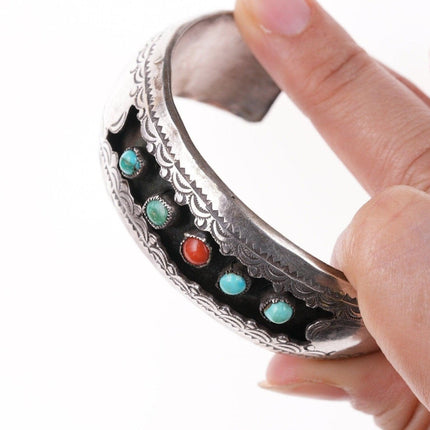 6 3/8" Navajo Silver shadowbox bracelet with turquoise and coral