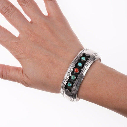 6 3/8" Navajo Silver shadowbox bracelet with turquoise and coral