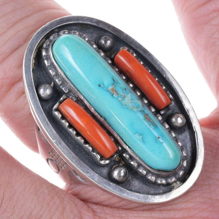 Louis Aberbach 1970's Sterling turquoise and coral ring