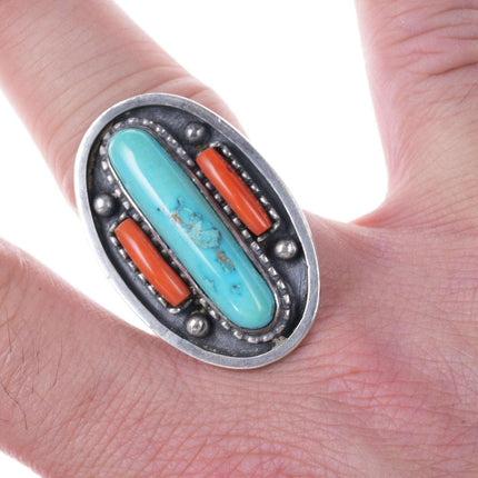 Louis Aberbach 1970's Sterling turquoise and coral ring