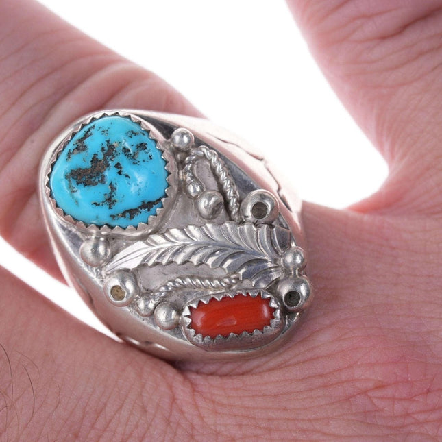 Sz10.5 Vintage Navajo Sterling turquoise and coral ring