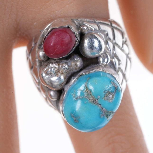 Sz8.25 Vintage Navajo Sterling turquoise and coral men's ring