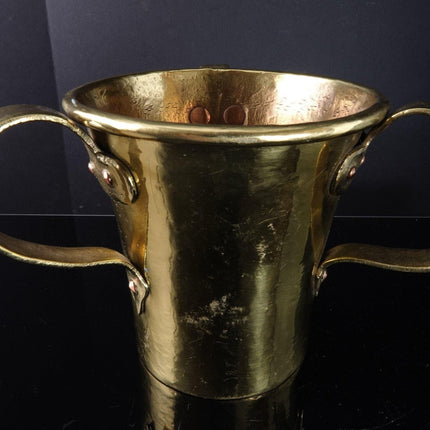 c1850 Judaica Russian Brass Loving cup 3 Handled Hand Wrought copper rivets