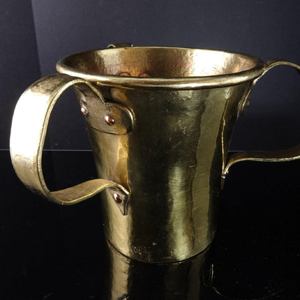 c1850 Judaica Russian Brass Loving cup 3 Handled Hand Wrought copper rivets