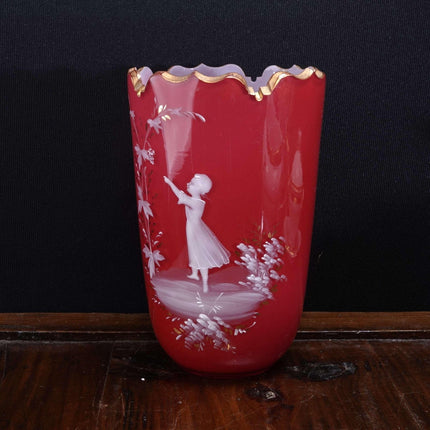 c1890 Harrach Bohemian Hand Painted Cased Cranberry glass Vase