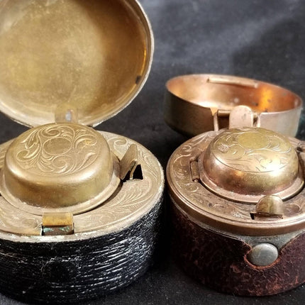 Antique Traveling Inkwells Leather covered ornate Brass with glass inserts Civil