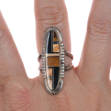 sz7.5 FF Navajo silver, petrified wood, cat's eye, and onyx ring