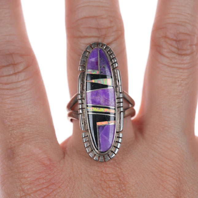 sz9.75 Sterling Sugilite, Opal, and Black Jade Navajo channel inlay ring