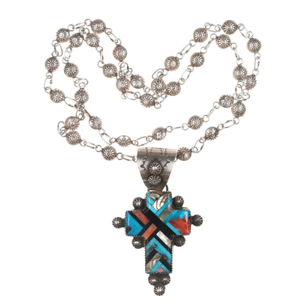 Gary G Navajo Sterling cross pendant/necklace with Santo Domingo inlay