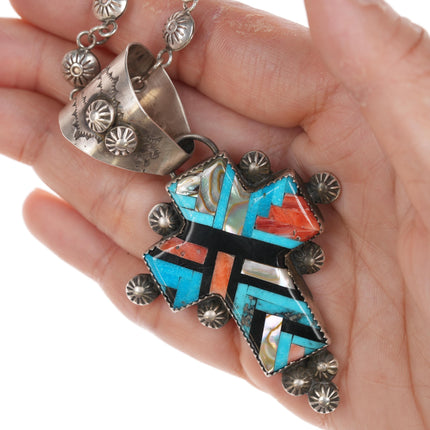 Gary G Navajo Sterling cross pendant/necklace with Santo Domingo inlay