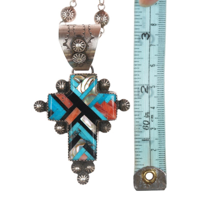 Gary G Navajo Sterling cross pendant/necklace with Santo Domingo inlay