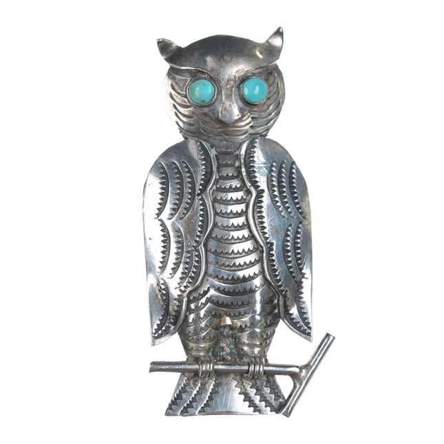 1940's UITA22 Navajo Stamped silver owl pin with turquoise