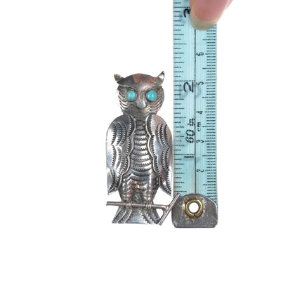 1940's UITA22 Navajo Stamped silver owl pin with turquoise