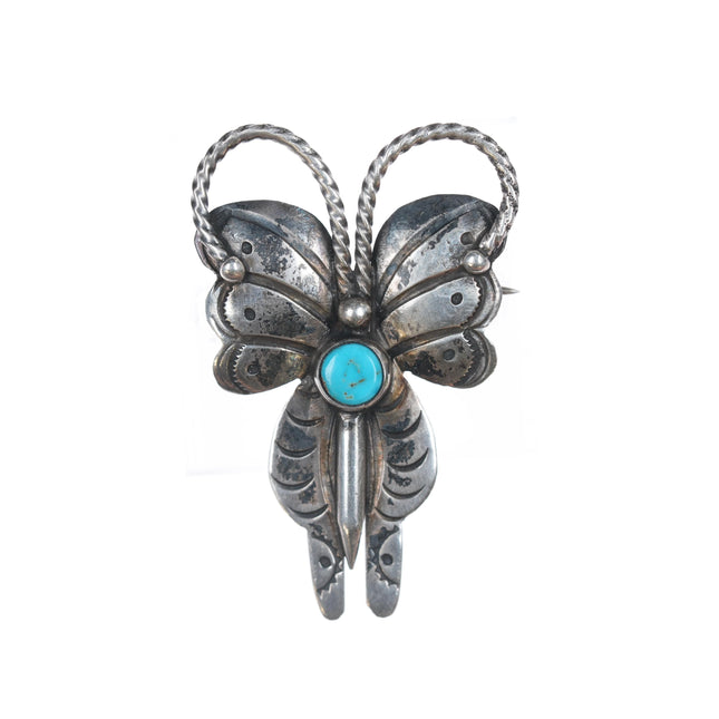 40's-50's Navajo stamped silver butterfly pin with turquoise