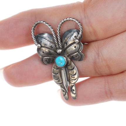 40's-50's Navajo stamped silver butterfly pin with turquoise