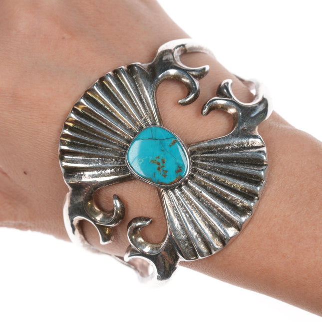 7.25" Vintage JP Native American Sandcast silver and turquoise cuff bracelet