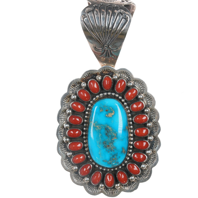 Ernest Roy Begay Navajo Turquoise and coral cluster pendant