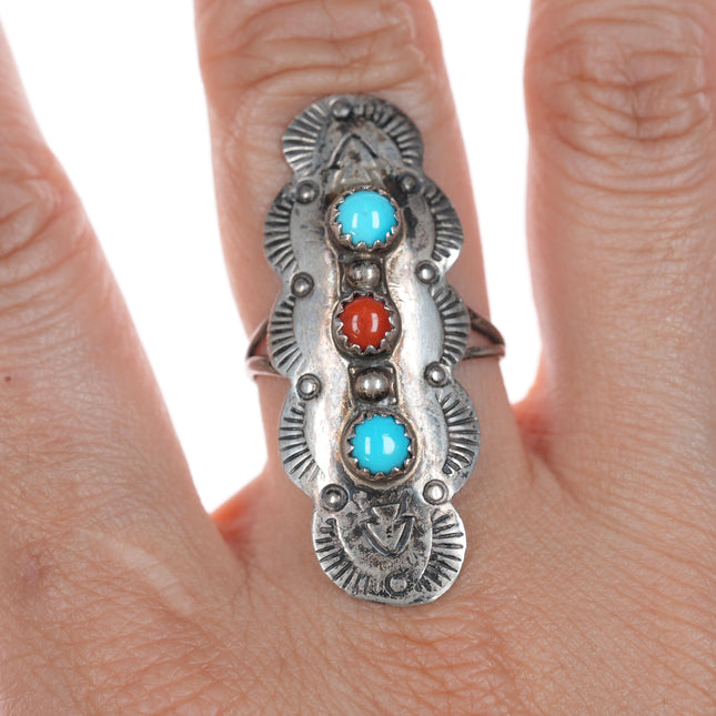 sz7.25 70's-80's R Native American silver, turquoise, and coral ring