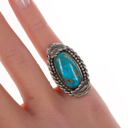 sz4 Vintage Native American silver and turquoise ring with leaf accents