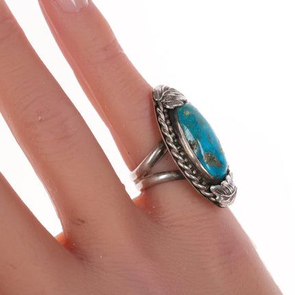 sz4 Vintage Native American silver and turquoise ring with leaf accents