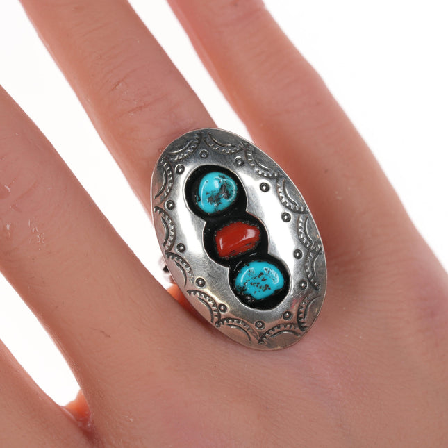 sz6 Vintage Navajo silver, turquoise, and coral shadowbox ring