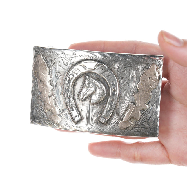 Vintage Sterling and Gold Mexican Hand engraved belt buckle