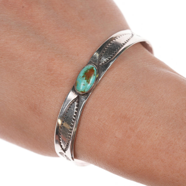 6.75" 40's-50's Navajo slim stamped silver and Royston turquoise cuff bracelet