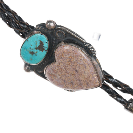 Chief Wolf Robe Hunt (1905-1977) Acoma silver Bolo tie with turquoise/Jasper heart