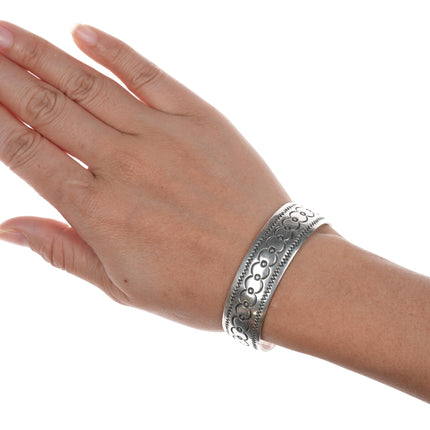 6.25" Vintage Native American hand stamped silver cuff bracelet