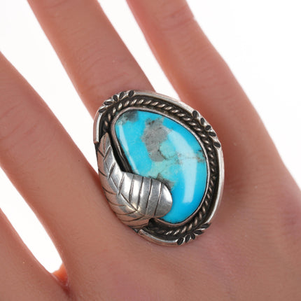 sz5.75 Vintage Navajo silver and turquoise ring with feather design